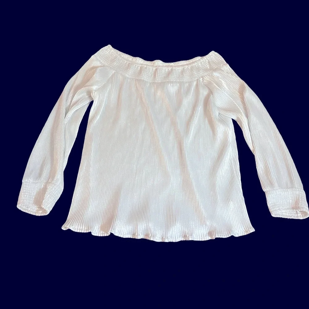 Anthropologie Lulumari shimmer silver elastic on off shoulder pleat blouse sz LG - Picture 7 of 15
